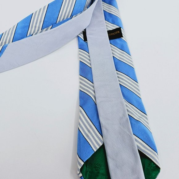 Tommy Hilfiger Tie Blue White Stripe 100% Silk USA Made Classic Work Gift Preppy - Picture 7 of 11